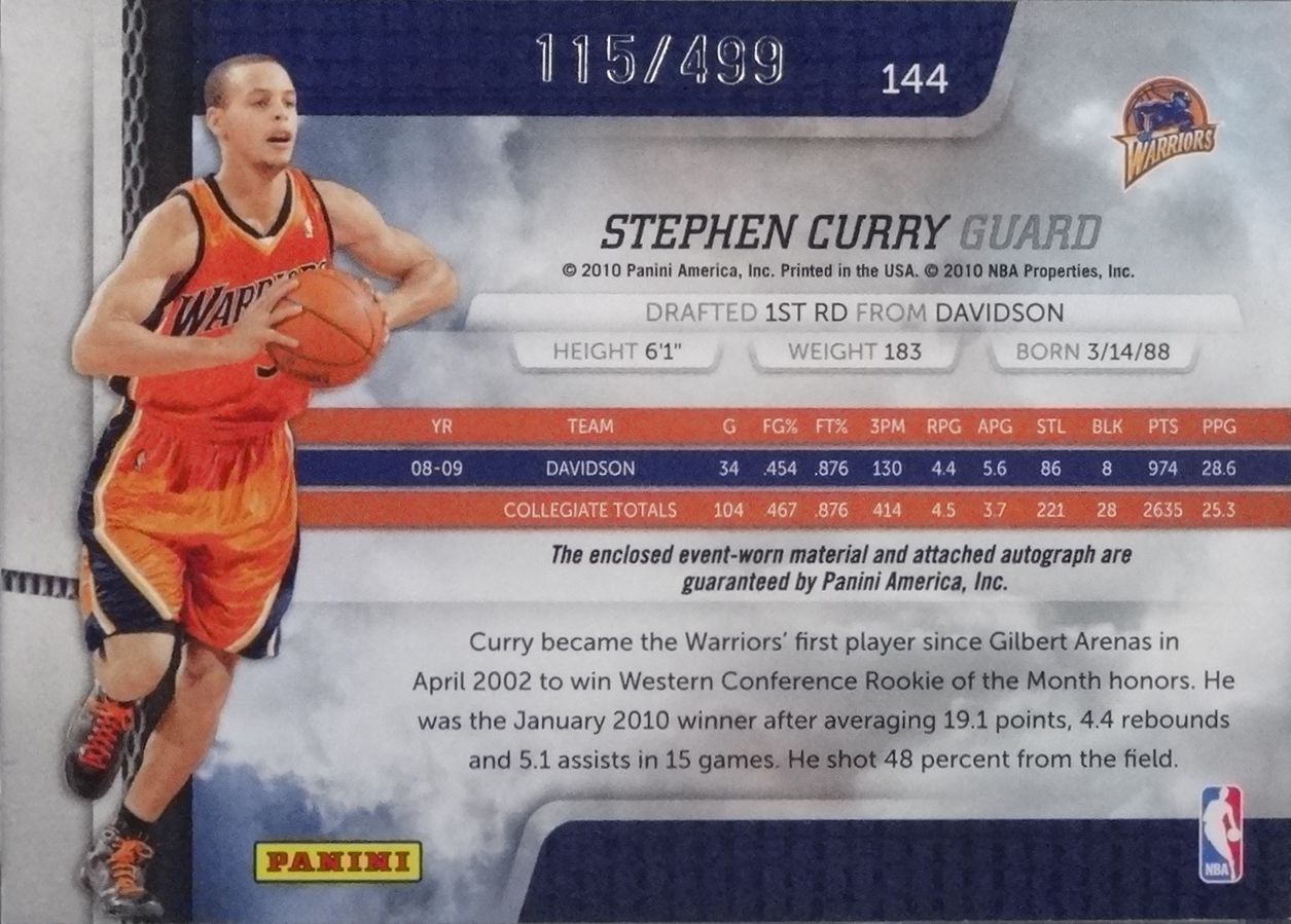 2009-10 Absolute Memorabilia #144 Stephen Curry JSY AU 499 RC - Back.JPG