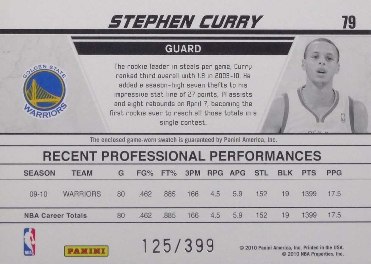 2010-11 Donruss Production Line Stat Die Cuts Materials #79 Stephen Curry 399 - Back.JPG