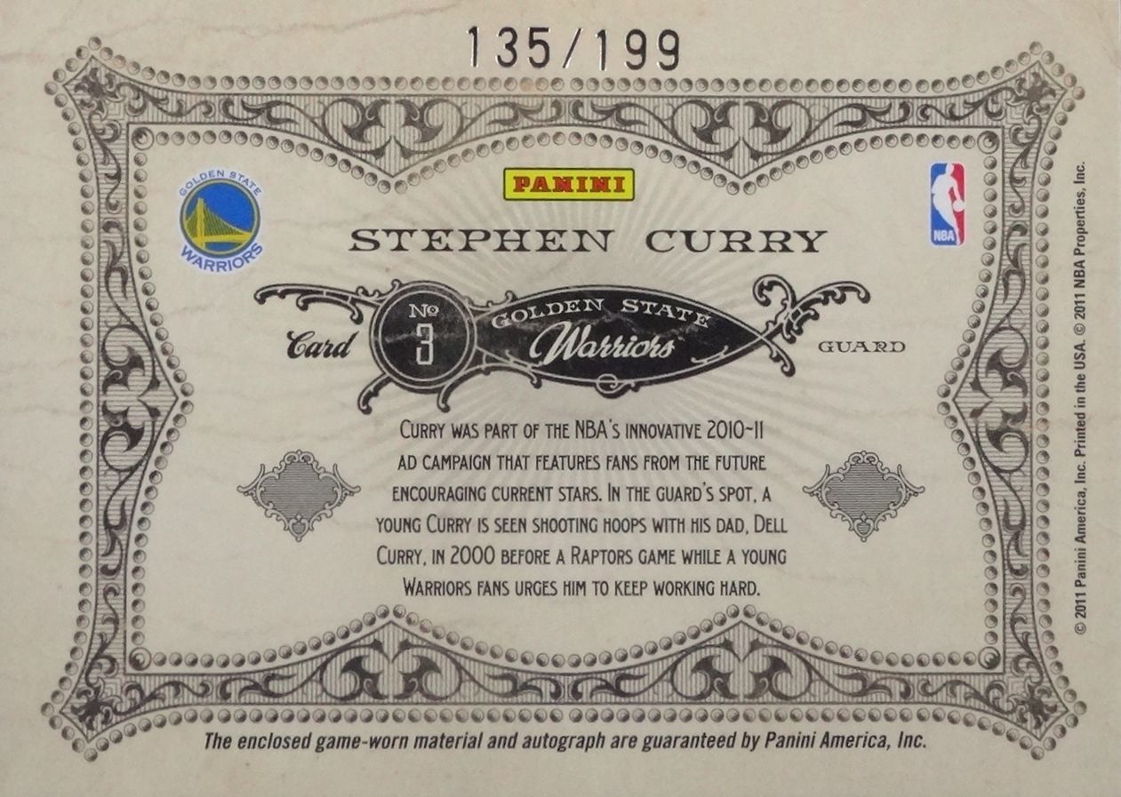 2010-11 Panini Gold Standard Gold Crowns Materials Signatures #3 Stephen Curry 199 - Back.JPG