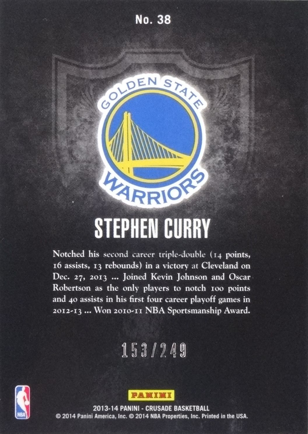 2013-14 Panini Crusade Insert Teal #38 Stephen Curry 249 - Back.JPG