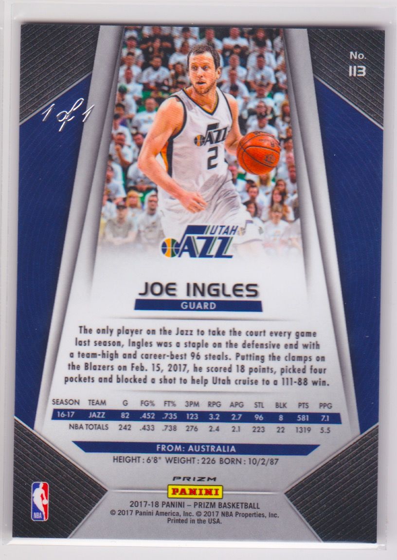 2017-18 Panini Prizm Prizms Fast Break Black #113 Joe Ingles 1:1 BACK.jpeg