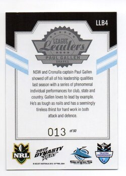 2012 Dynasty Captains Black Paul Gallen #013 Rear.jpg