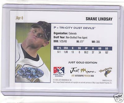 2006 Just Minors Shane Lindsay GLOSSY AUTO 1 of 1 Back.jpg